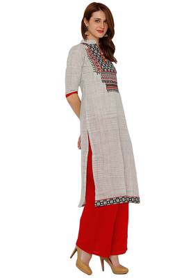 Women's Grey & Red Cotton Embroidered Unstitch Dress Material With Dupatta 3