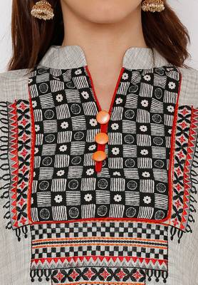 Women's Grey & Red Cotton Embroidered Unstitch Dress Material With Dupatta 4