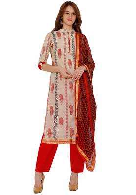 Women's Beige & Red Cotton Printed Unstitch Dress Material With Dupatta 1