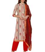 Women's Beige & Red Cotton Printed Unstitch Dress Material With Dupatta