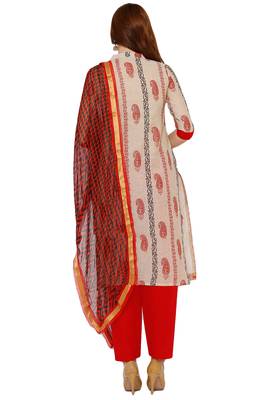 Women's Beige & Red Cotton Printed Unstitch Dress Material With Dupatta 2