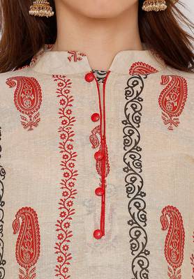Women's Beige & Red Cotton Printed Unstitch Dress Material With Dupatta 4