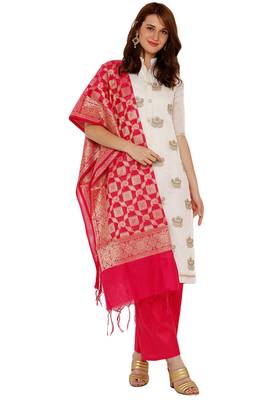 Women's Chanderi Silk Embroidered Unstitched Dress Material With Banarasi Dupatta 1