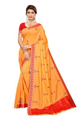 Orange embroidered silk saree with blouse 1