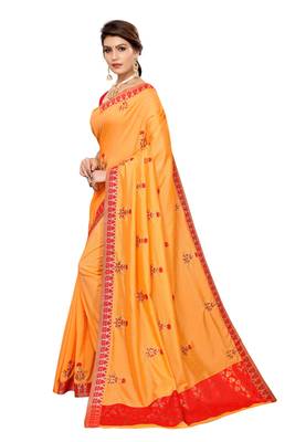 Orange embroidered silk saree with blouse 2
