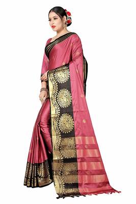Peach printed cotton silk saree with blouse 4