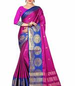 Pink printed cotton silk saree with blouse