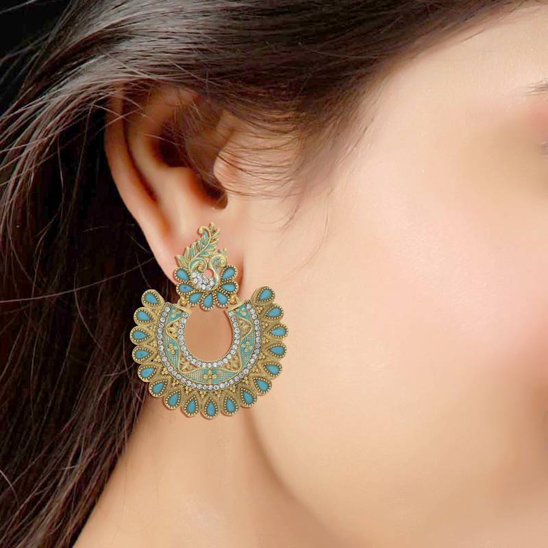 Traditional Gold Plated Meenakari & Stone Studded Chandbali Earrings For Women