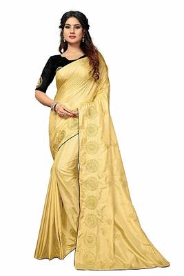 Gold printed silk blend saree with blouse 1
