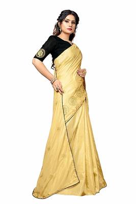 Gold printed silk blend saree with blouse 2