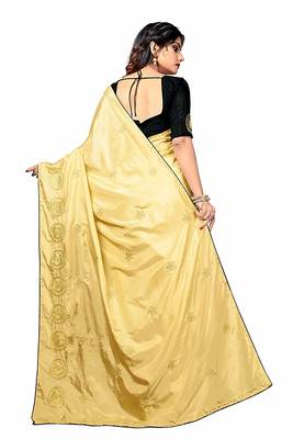 Gold printed silk blend saree with blouse 3