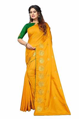 Yellow printed silk blend saree with blouse 1