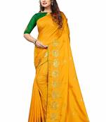 Yellow printed silk blend saree with blouse