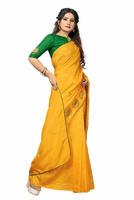 Yellow printed silk blend saree with blouse 2