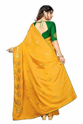 Yellow printed silk blend saree with blouse 3