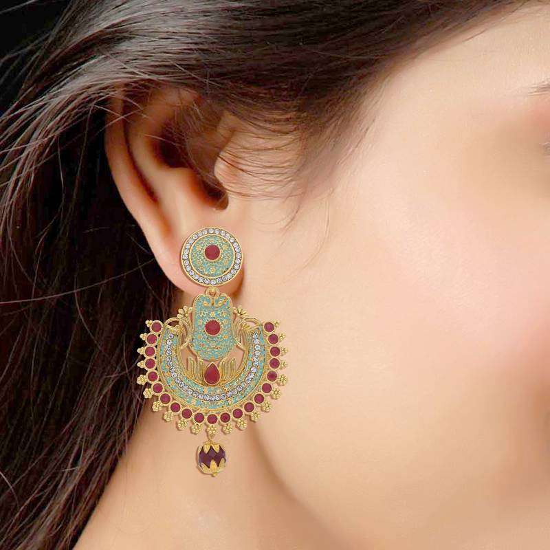 Traditional Gold Plated Meenakari & Stone Studded Chandbali Earrings For Women