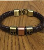 Brown Leather Cowhide Braided Wrap Rose Gold Peace Sign Symbol Bracelet Titanium Clasp Men'S Jewellery