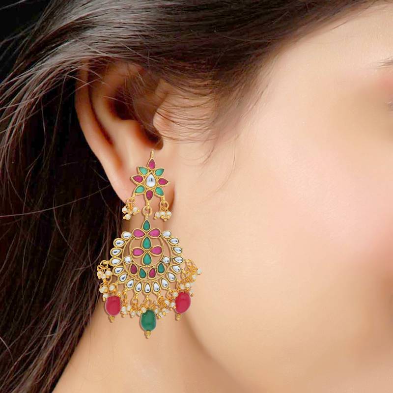 Traditional Gold Plated Kundan & Pearl Earrings For Women