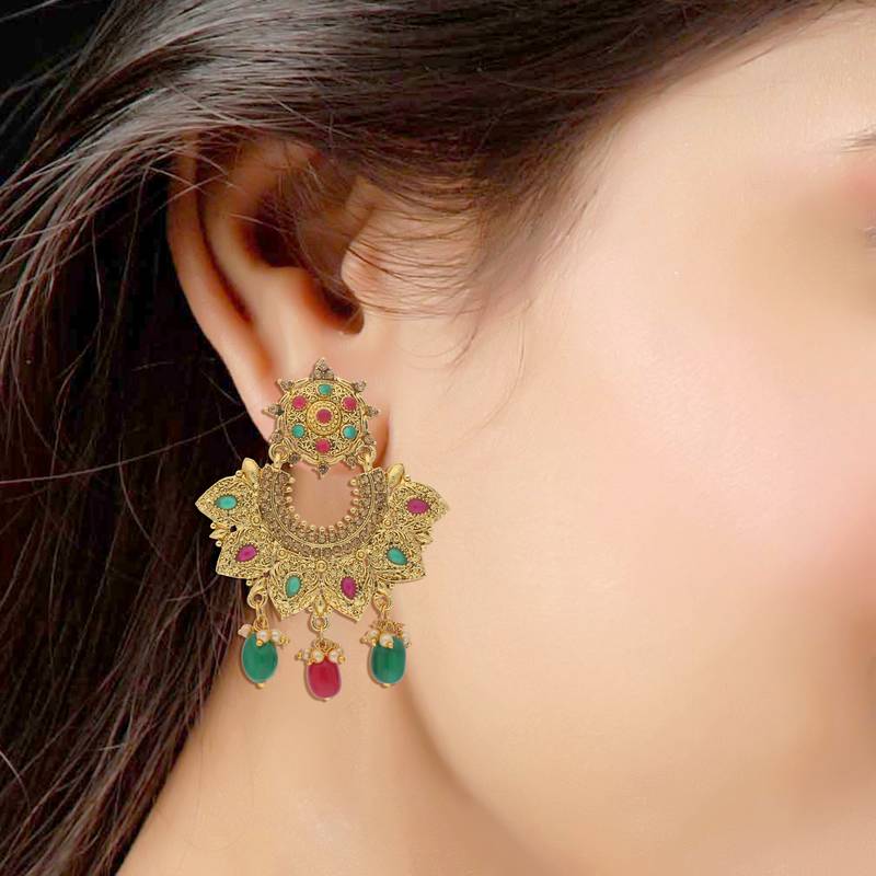 Traditional Gold Plated Pearl & Stone Studded Chandbali Earrings For Women