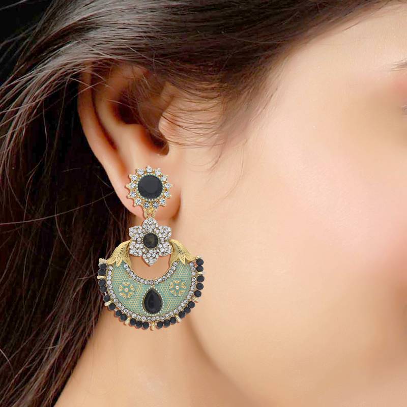 Traditional Gold Plated Meenakari & Stone Studded Chandbali Earrings For Women