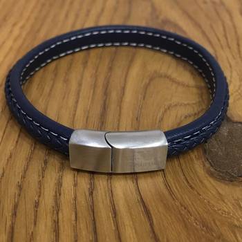 Navy Blue Leather Cowhide Braided Wrap Bracelet Titanium Clasp With Silver Plated Magnets Men'S Jewellery 1