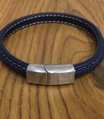 Navy Blue Leather Cowhide Braided Wrap Bracelet Titanium Clasp With Silver Plated Magnets Men'S Jewellery