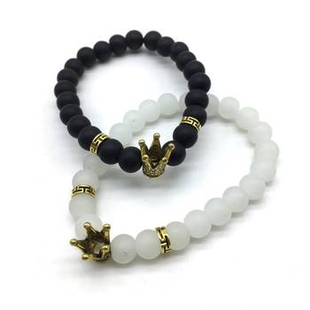 Pack Of 2 Set Black White Beads Golden King Queen Crown Charms Couple Bracelets Bracelet Men'S Jewellery 1