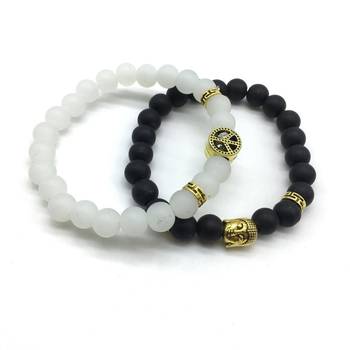 Pack Of 2 Set Black White Beads Golden Peace Sign Symbol Buddha Charms Couple Bracelets Men'S Jewellery 1