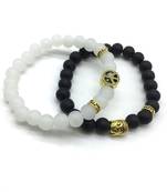 Pack Of 2 Set Black White Beads Golden Peace Sign Symbol Buddha Charms Couple Bracelets Men'S Jewellery
