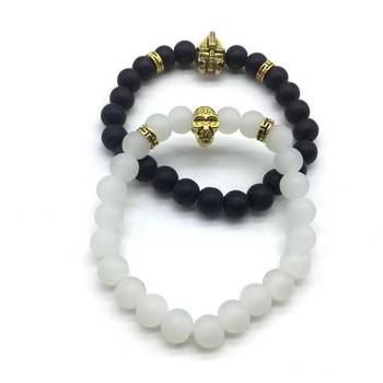 Pack Of 2 Set Black White Beads Golden Knight Spartan Warrior Hamlet Skull Charms Bracelets Men'S Jewellery 1