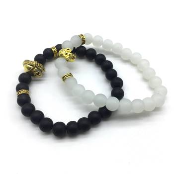 Pack Of 2 Set Black White Beads Golden Knight Spartan Warrior Hamlet Skull Charms Bracelets Men'S Jewellery 2
