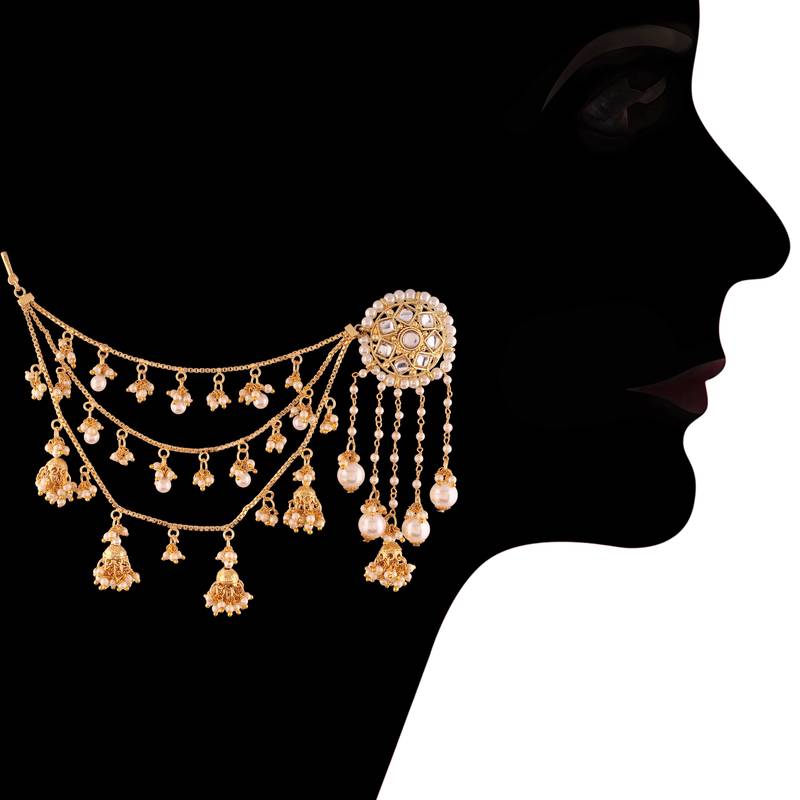 Gold Plated Kundan & Pearl Earring With Chain For Women