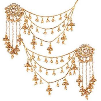 Pearl & Kundan Bahubali Earrings With Hair Chain For Women 2