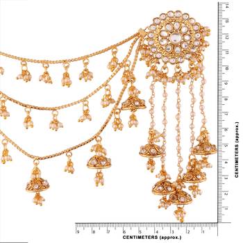 Pearl & Kundan Bahubali Earrings With Hair Chain For Women 3