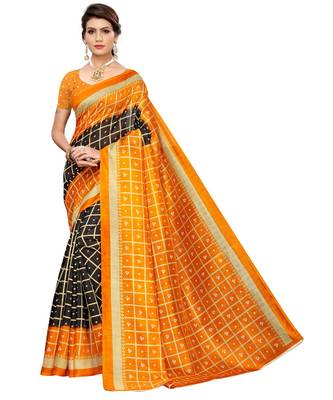 black printed art silk saree with blouse 1