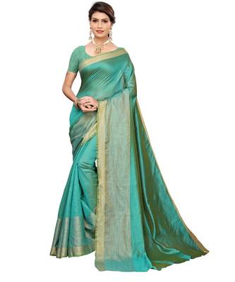 green plain art silk saree with blouse 1
