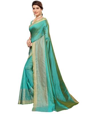 green plain art silk saree with blouse 2
