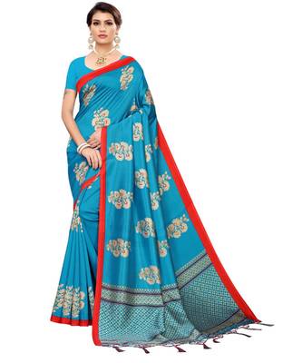 blue printed art silk saree with blouse 1