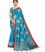 blue printed art silk saree with blouse