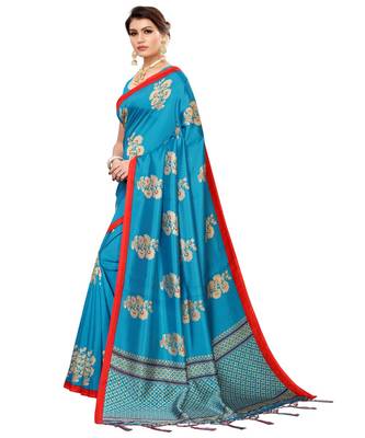 blue printed art silk saree with blouse 2