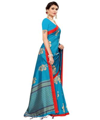 blue printed art silk saree with blouse 3