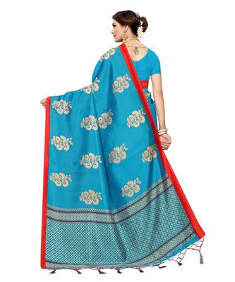 blue printed art silk saree with blouse 5