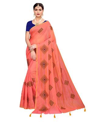 Peach embroidered chanderi saree with blouse 1