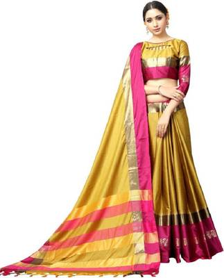 Yellow Printed Cotton Silk Saree With Blouse 2