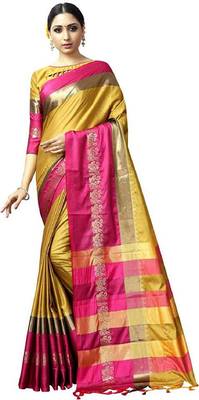 Yellow Printed Cotton Silk Saree With Blouse 4