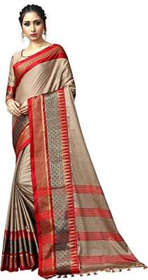 Beige Printed Cotton Silk Saree With Blouse 1