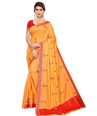 Orange printed art silk saree with blouse 1