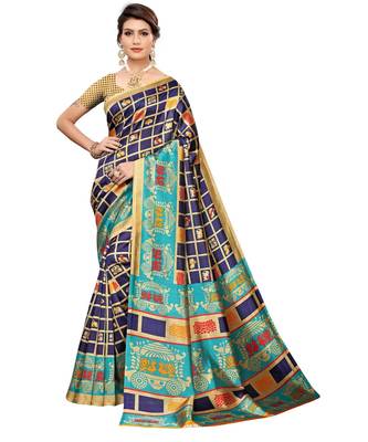 blue printed art silk saree with blouse 1