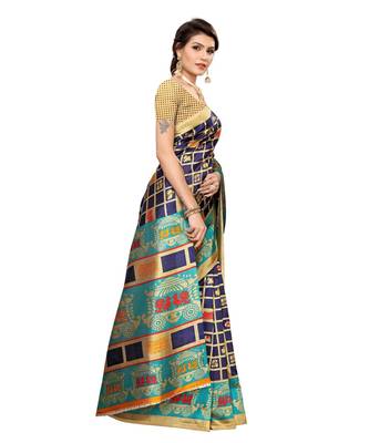 blue printed art silk saree with blouse 3