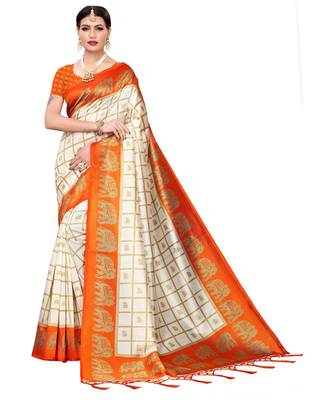 White printed art silk saree with blouse 1